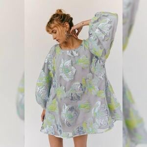 Free People Silver and Green Floral Mini Dress